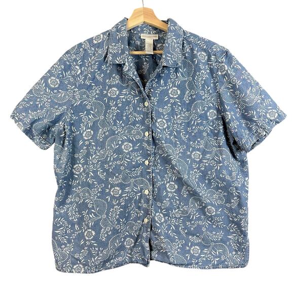 Vintage Jones New York Denim Floral Printed Button Down Short Sleeve Shirt Top - Picture 1 of 7